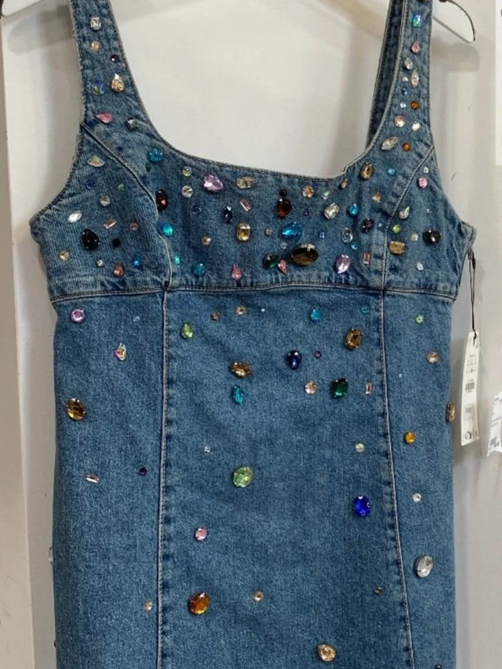 Zara Denim Mini Dress with Multicolor Gem Embellishments - Picture 2 of 5